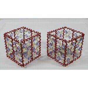 Lot of 2 Metal with red purple and clear Beads Votive Candle Holder Tealight